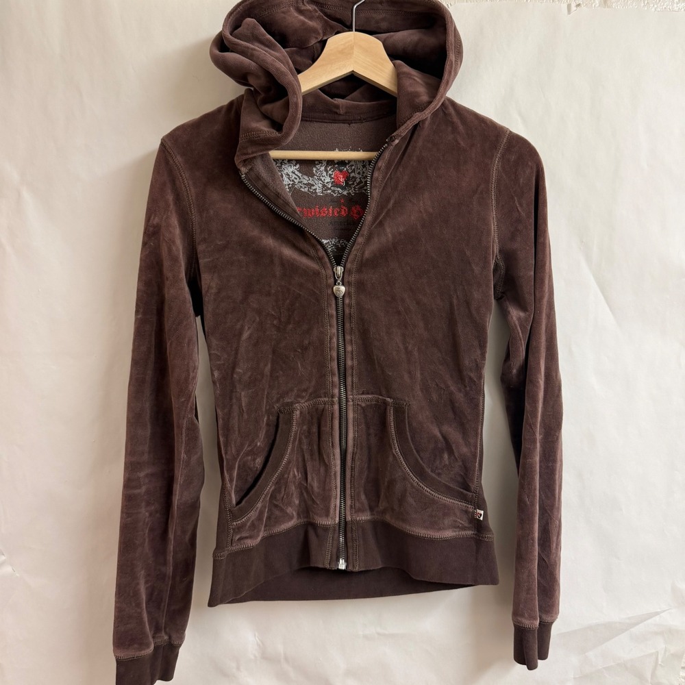 Twisted‎ Heart Brown Velour Zip Up Hoodie Y2K Beaded Heart Rhine Embroided S/XS